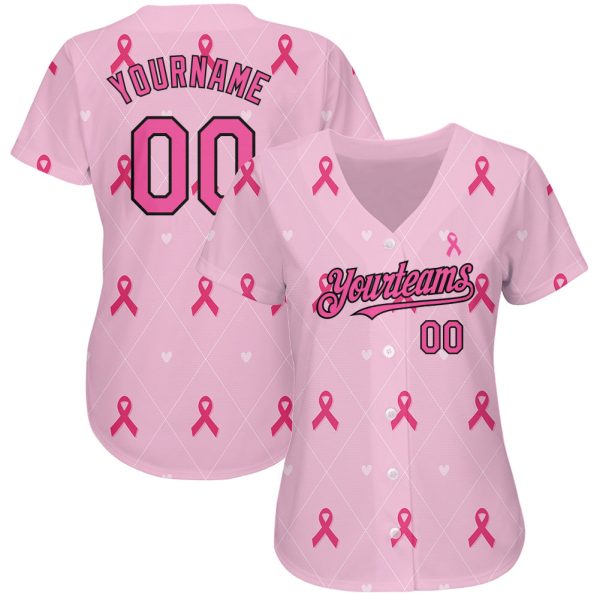 Custom Pink Black 3D Pink Ribbon Breast Cancer Awareness Month Women Health Care Support Authentic Baseball Jersey - Image 2