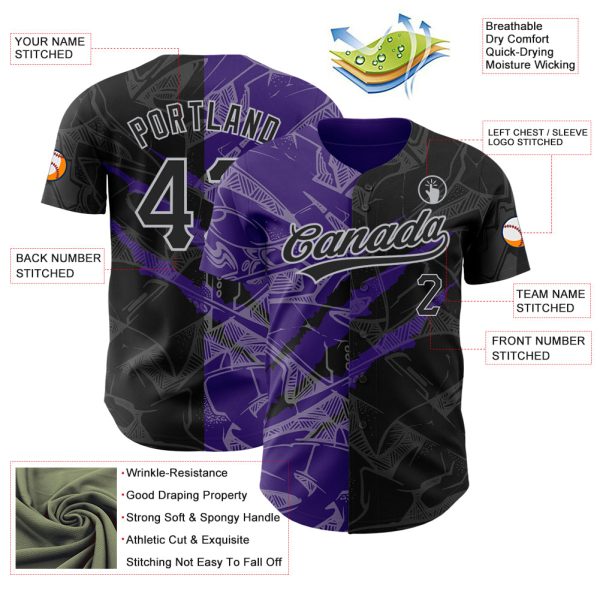 Custom Graffiti Pattern Black Purple-Gray 3D Scratch Authentic Baseball Jersey - Image 3
