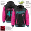 Custom Black Aqua-Pink Bomber Full-Snap Varsity Letterman Two Tone Hoodie Jacket - Image 3