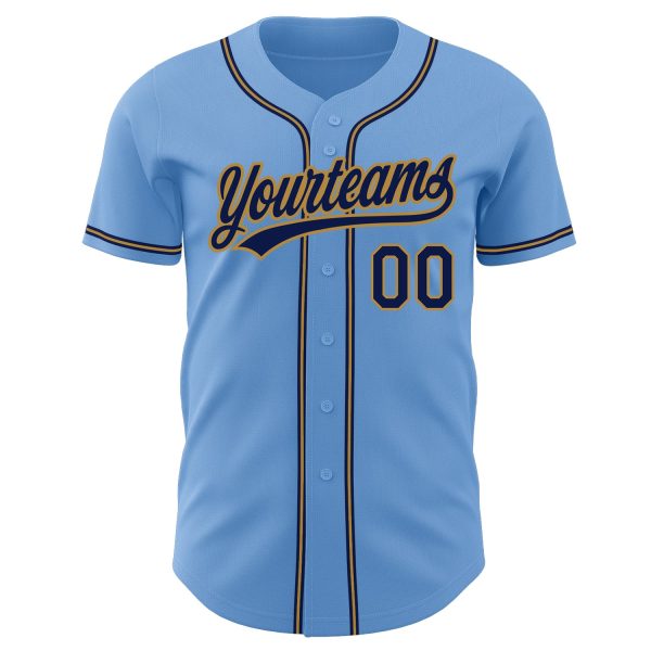 Custom Light Blue Navy-Old Gold Authentic Baseball Jersey - Image 2