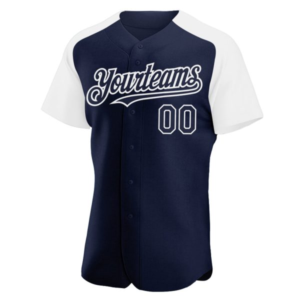 Custom Navy White Authentic Raglan Sleeves Baseball Jersey - Image 2