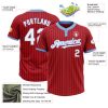 Custom Red Light Blue Pinstripe White Two-Button Unisex Softball Jersey - Image 3