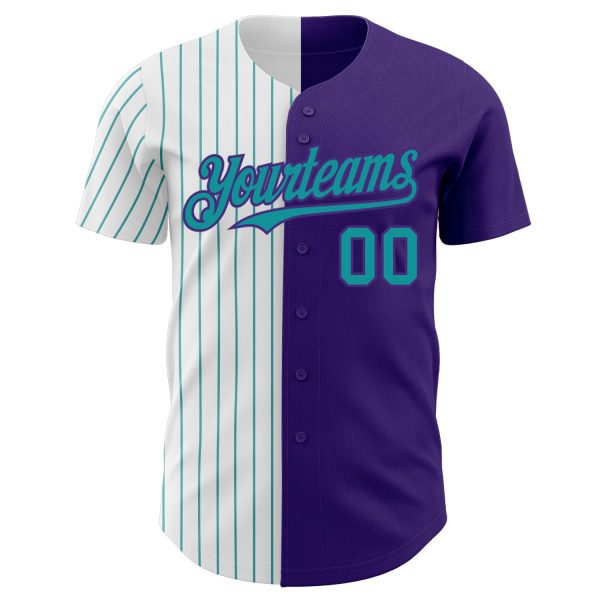 Custom Purple White-Teal Pinstripe Authentic Split Fashion Baseball Jersey - Image 2