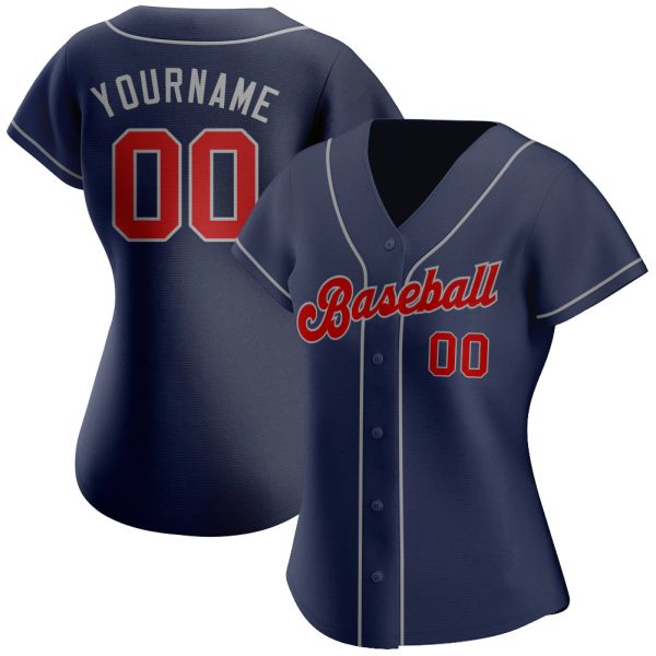 Custom Navy Red-Gray Authentic Baseball Jersey - Image 2